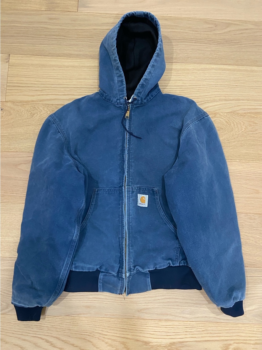 Vintage Carhartt Washed Blue Hooded Workwear Jacket Size Large Zip-Up Rare